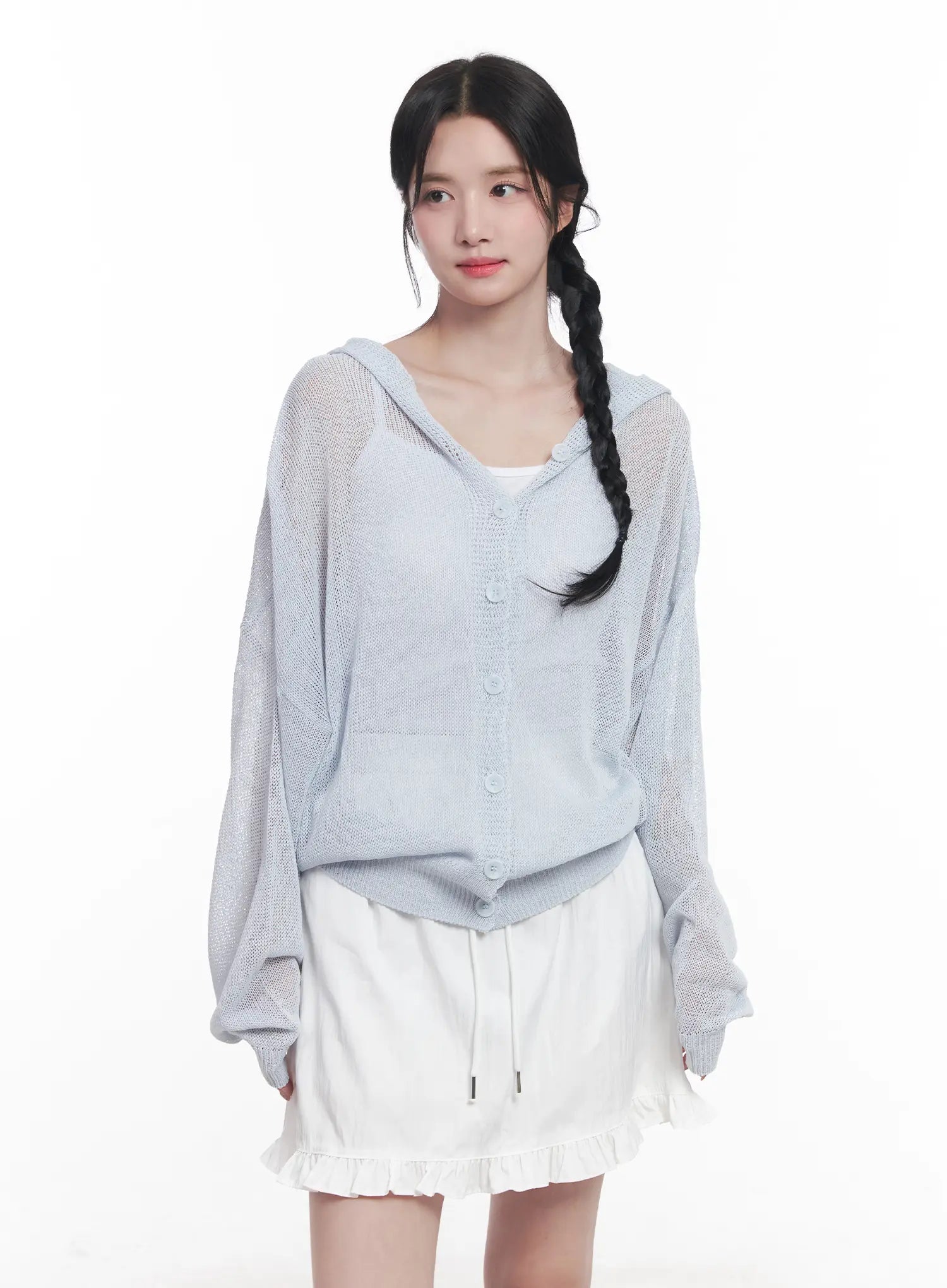 Sheer Buttoned Hooded Cardigan CU523