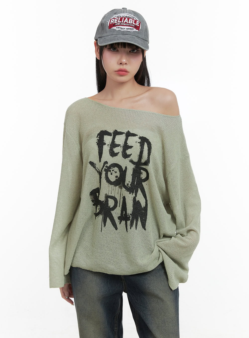 Lettered Boat Neck Off-Shoulder Knit OS410