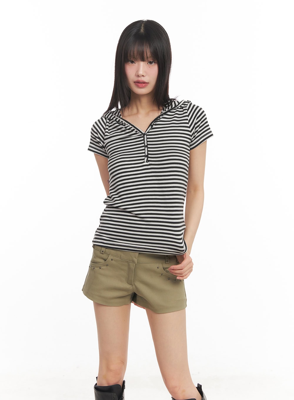 Buttoned Striped Hooded T-Shirt CA523