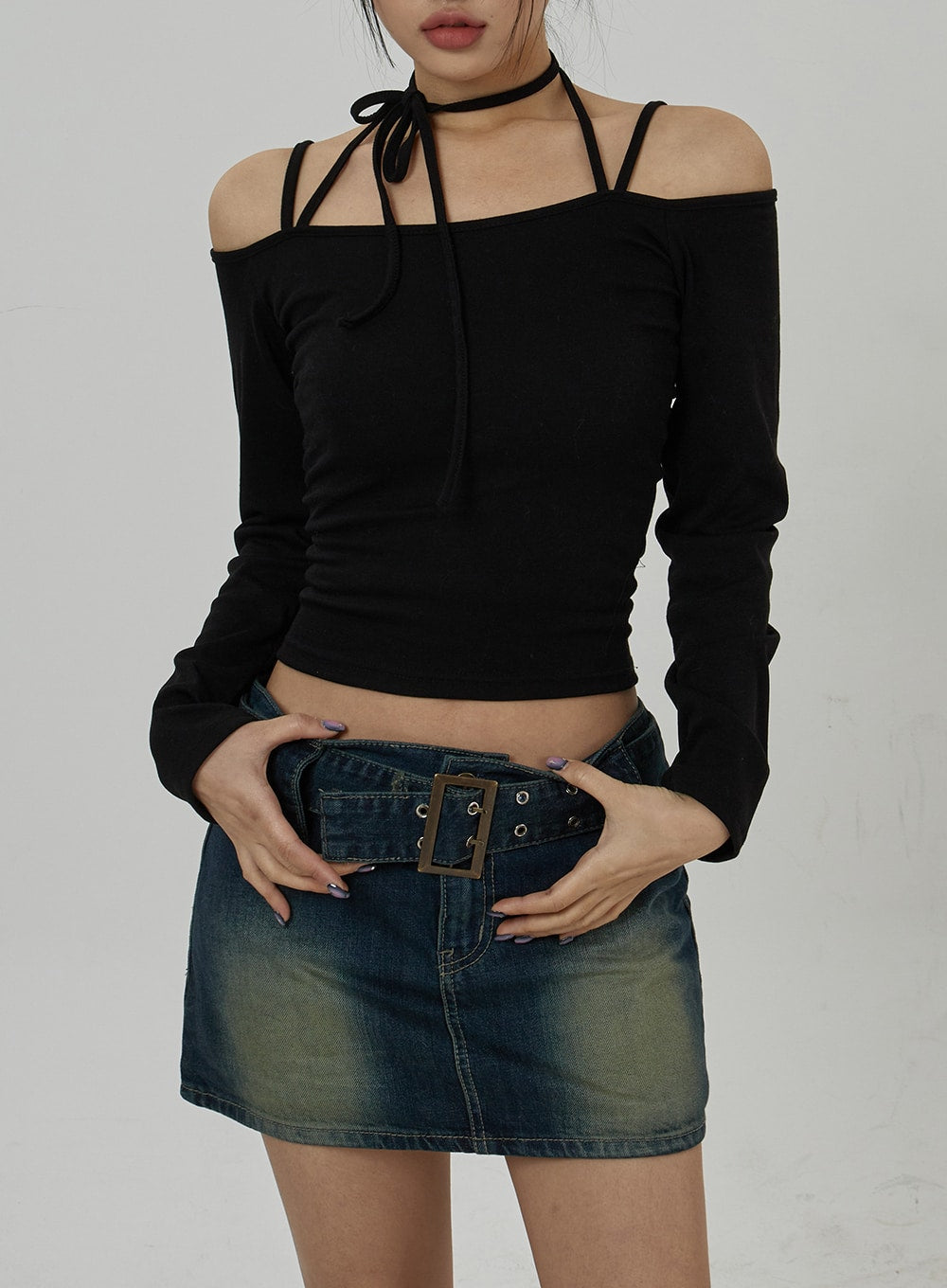 Neck Ribbon Detail Long Sleeve Cropped Top CD21