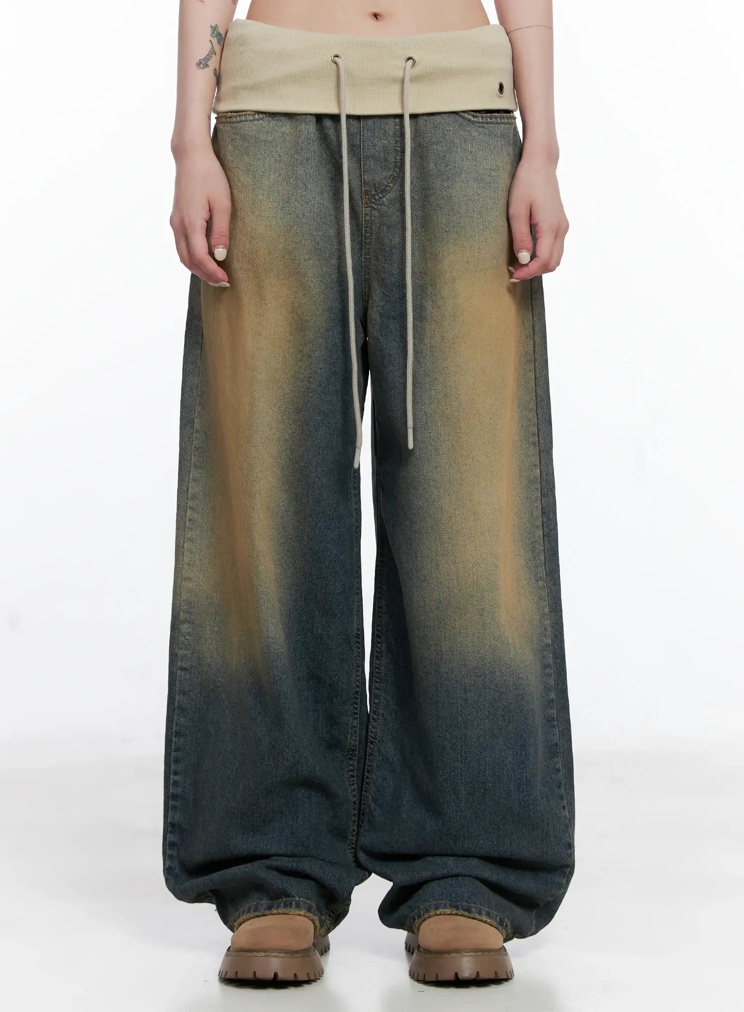 Jemma Folded Waist Washed Baggy Jeans CS512