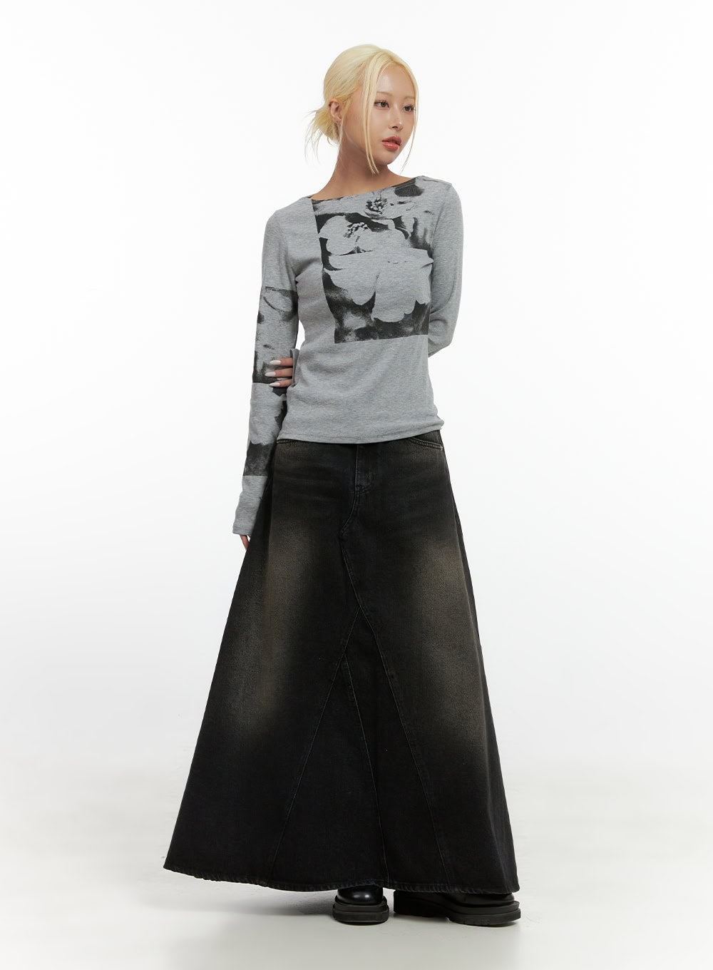Classic Washed Denim Maxi Skirt CS425