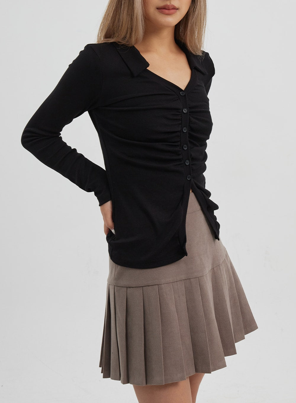 Ruffle Bust Button V-Neck Top CJ325