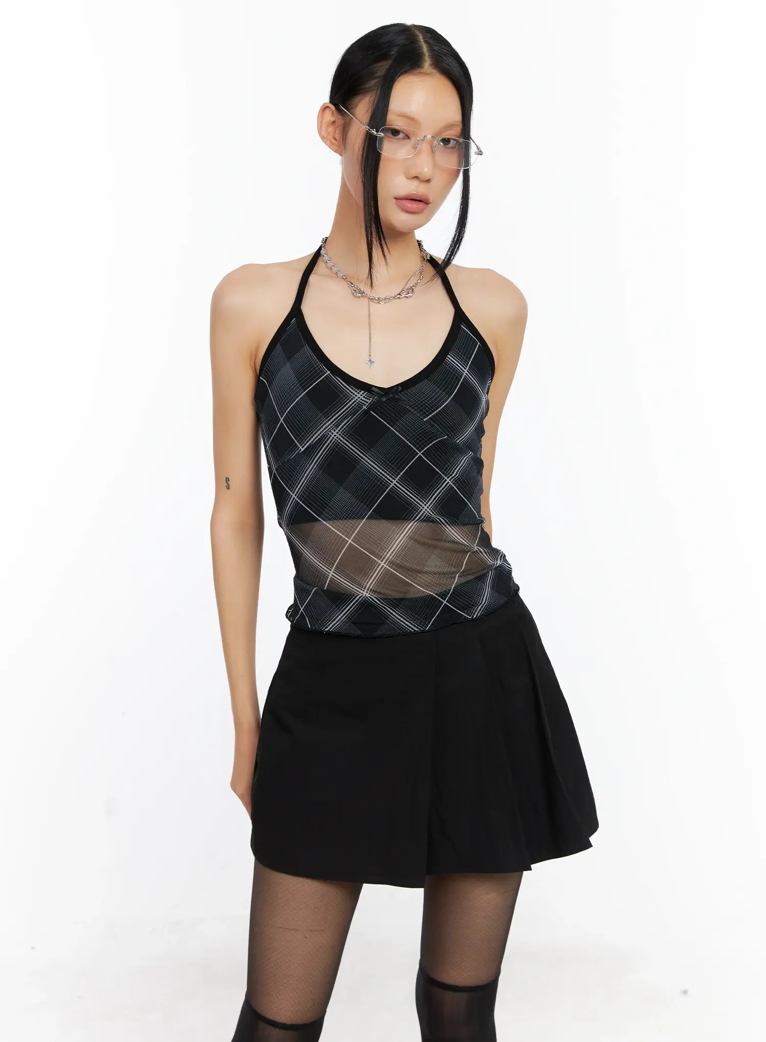 Sheer Plaid Halter Top CL529