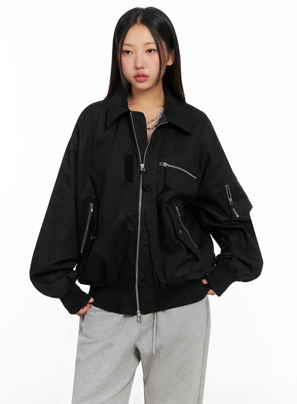 Oversized Zipper Bomber Jacket IG528
