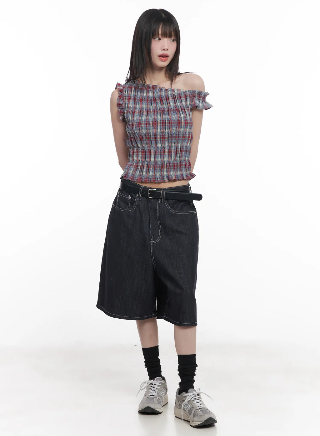 Plaid Frill One-Shoulder Crop Top CU519