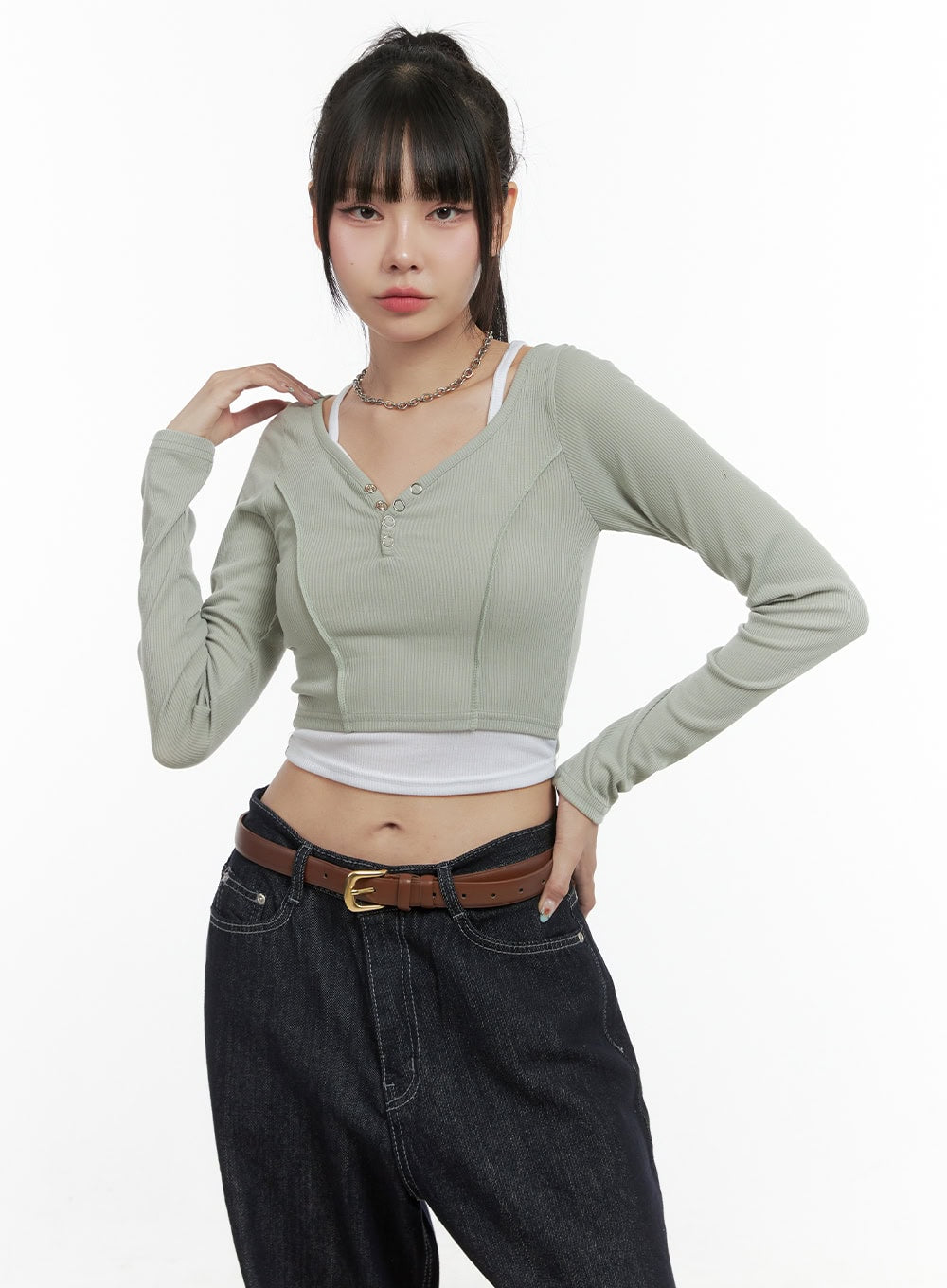 Ribbed Button V-Neck Crop Top OS410