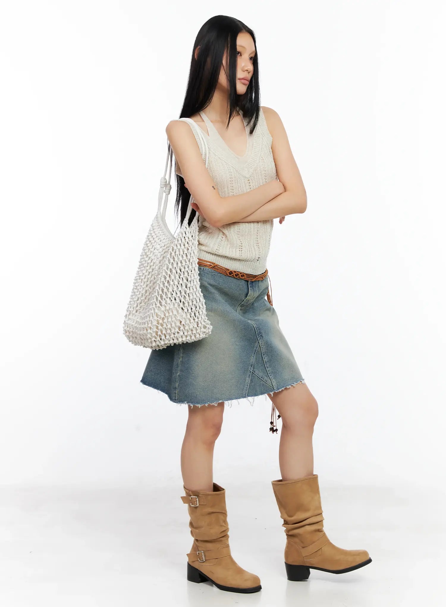 Frayed-Hem Denim Midi Skirt CL529