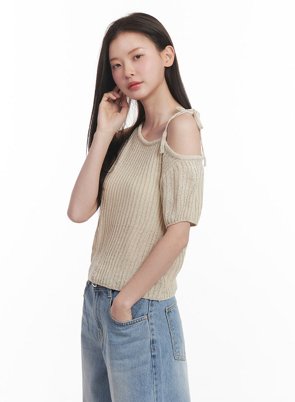 Ribbon One-Shoulder Knit Crop Top IY509