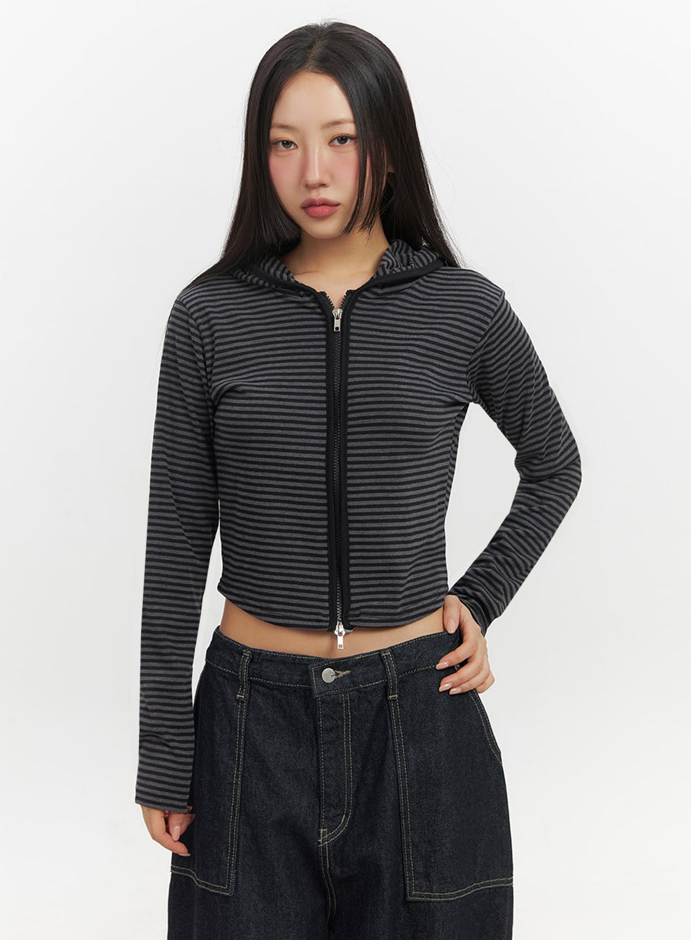 Striped Zip-Up Hooded Crop Jacket IF510