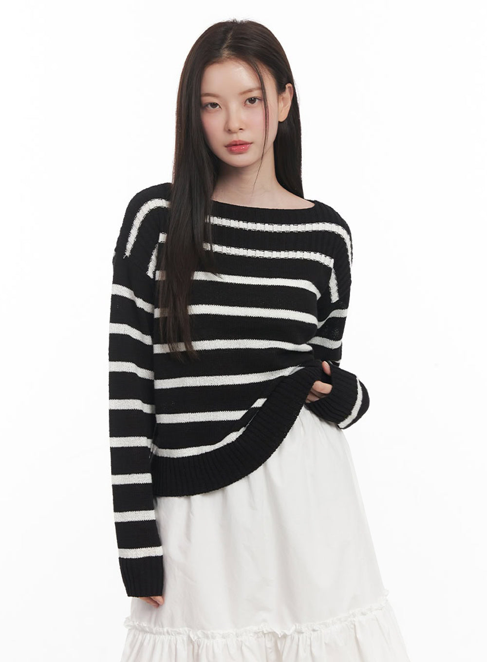 Stripe Boat-Neck Knit Sweater IY509
