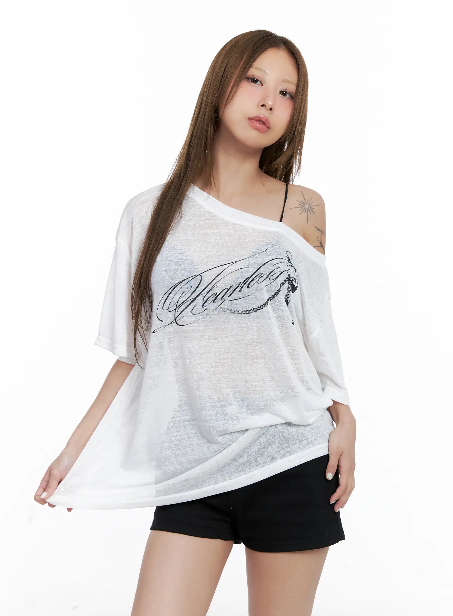 Sheer Graphic Off-Shoulder Tee CL510