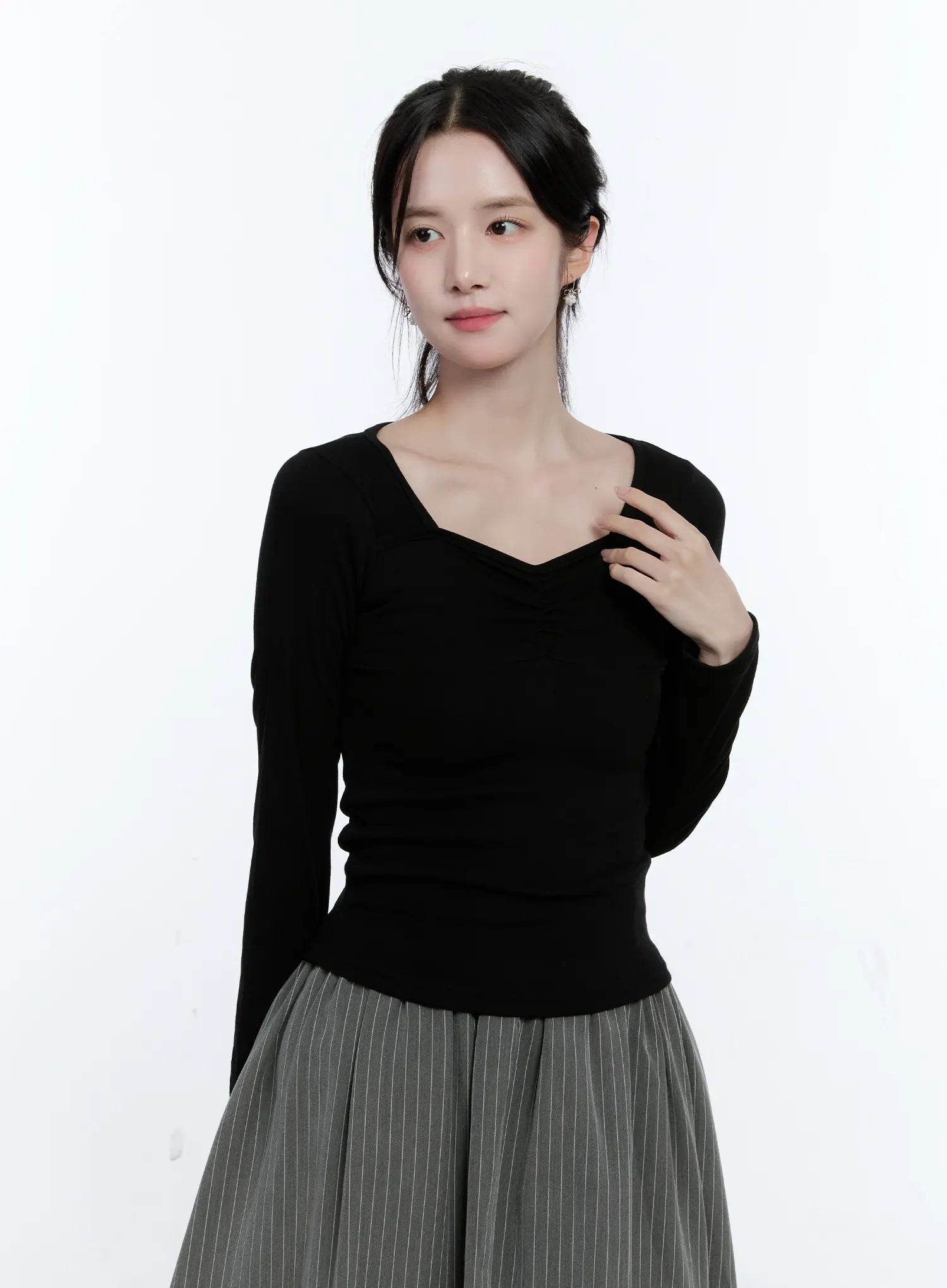 Heart Neck Shirred Long-Sleeve Top CG514