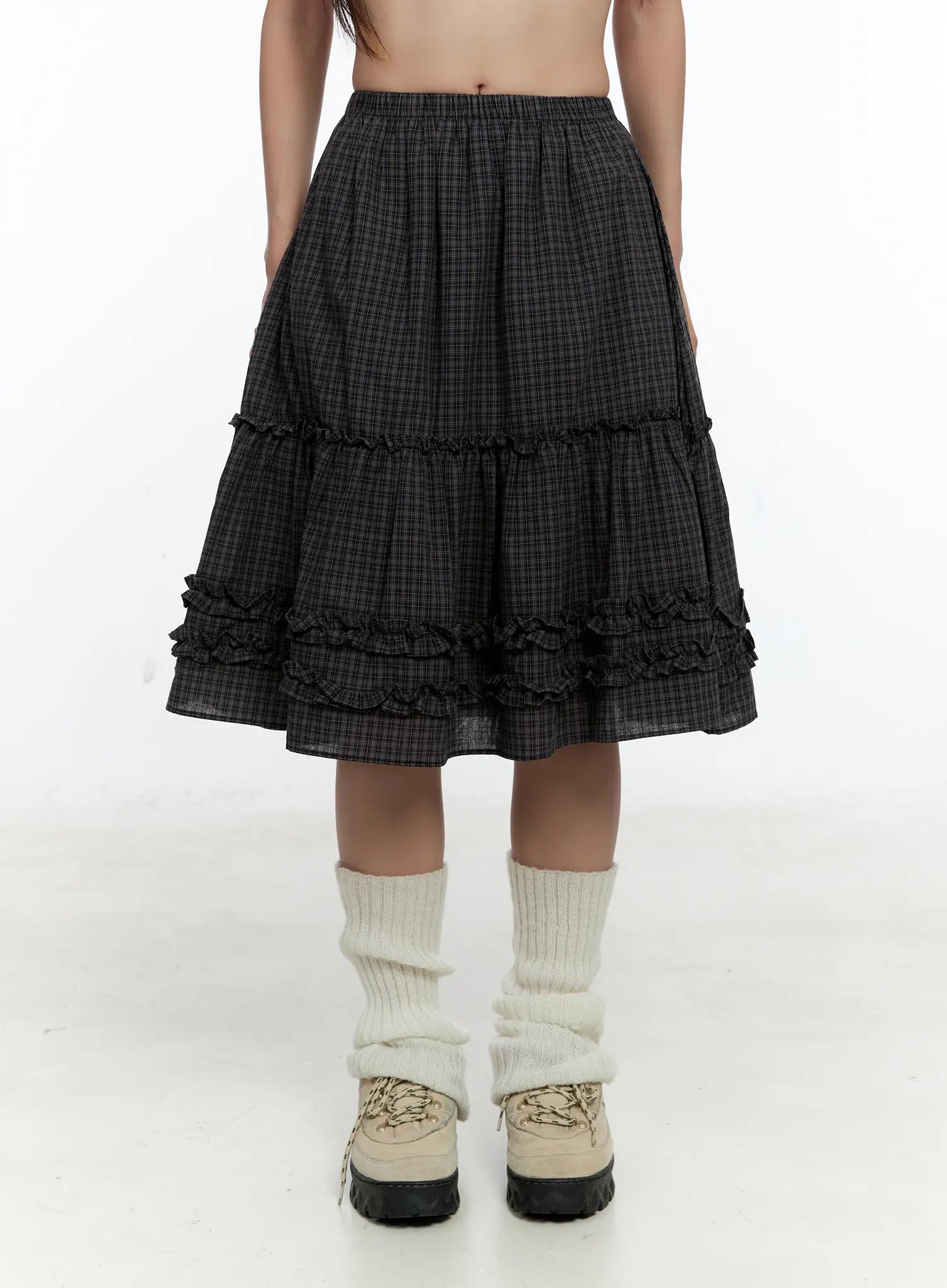 Gingham Ruffle Layered Midi Skirt CS517
