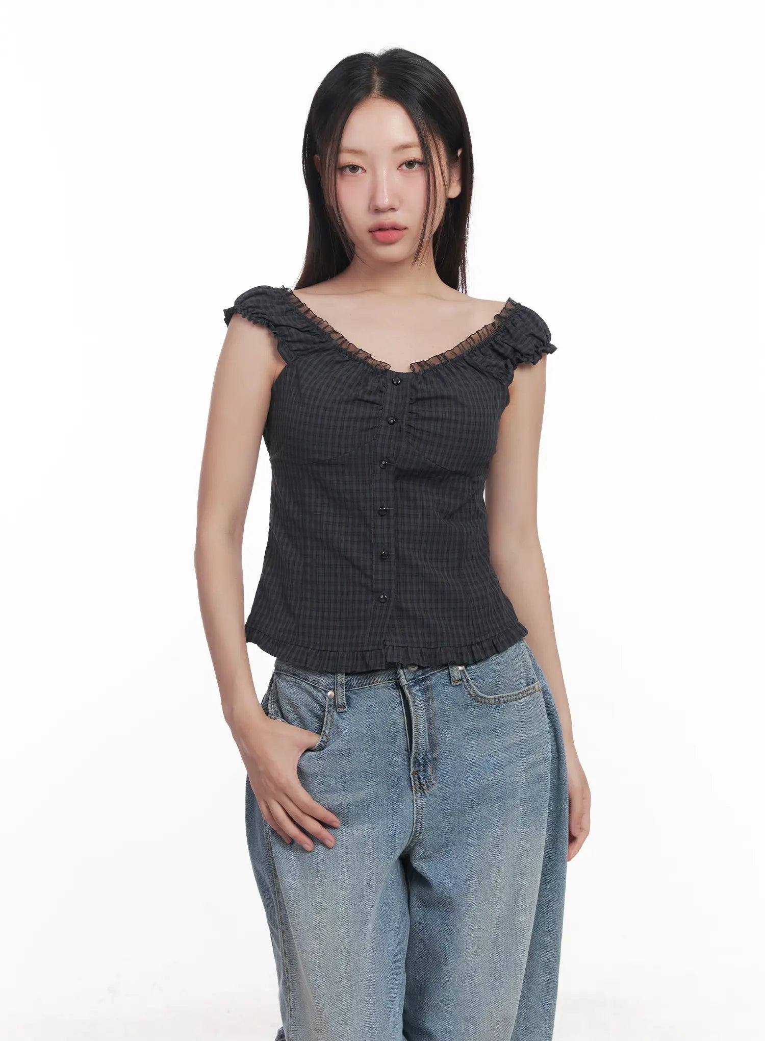 Shirred Frill Sleeveless Top CU516