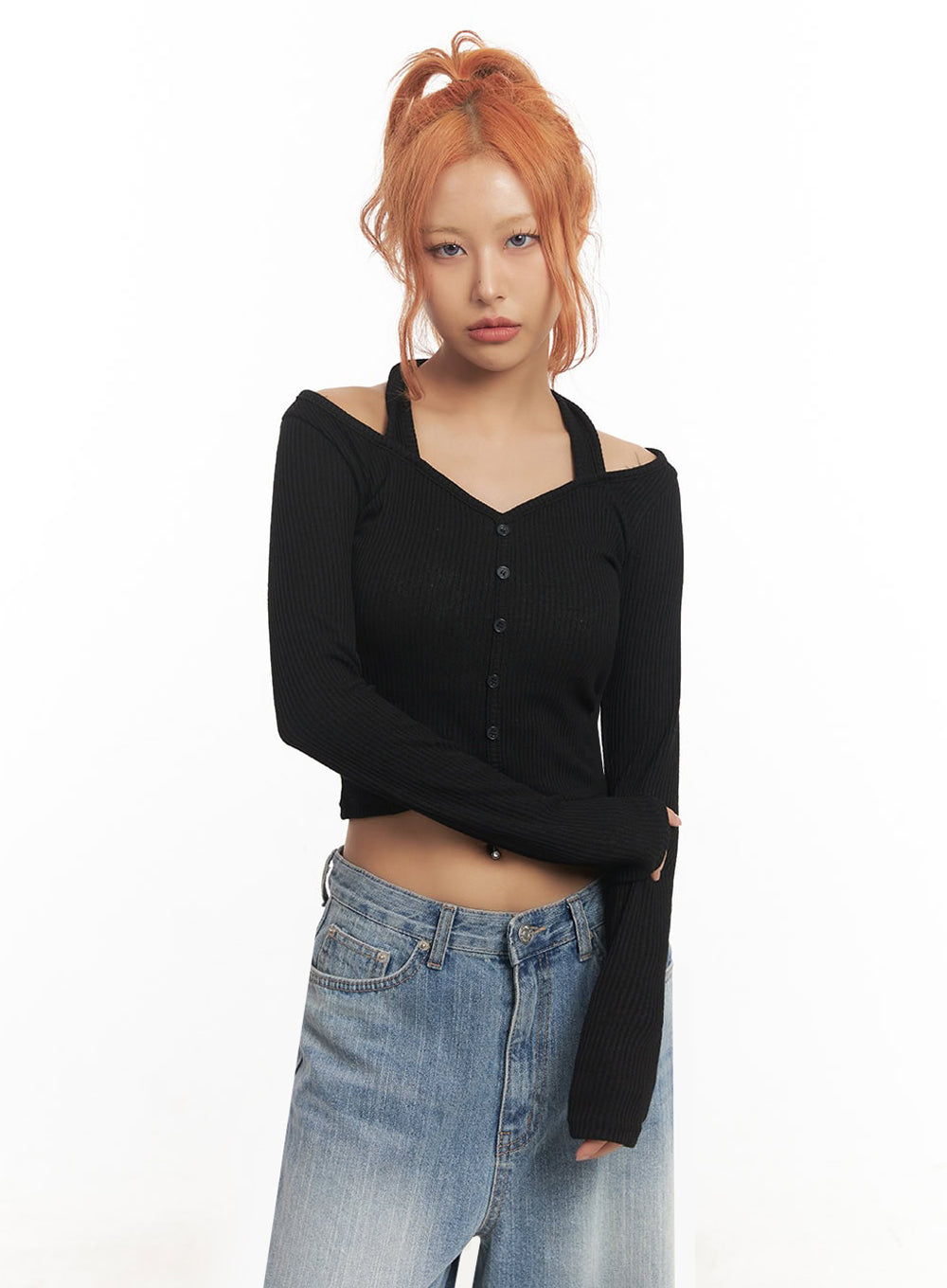 Halter Buttoned Long Sleeve Top IA515