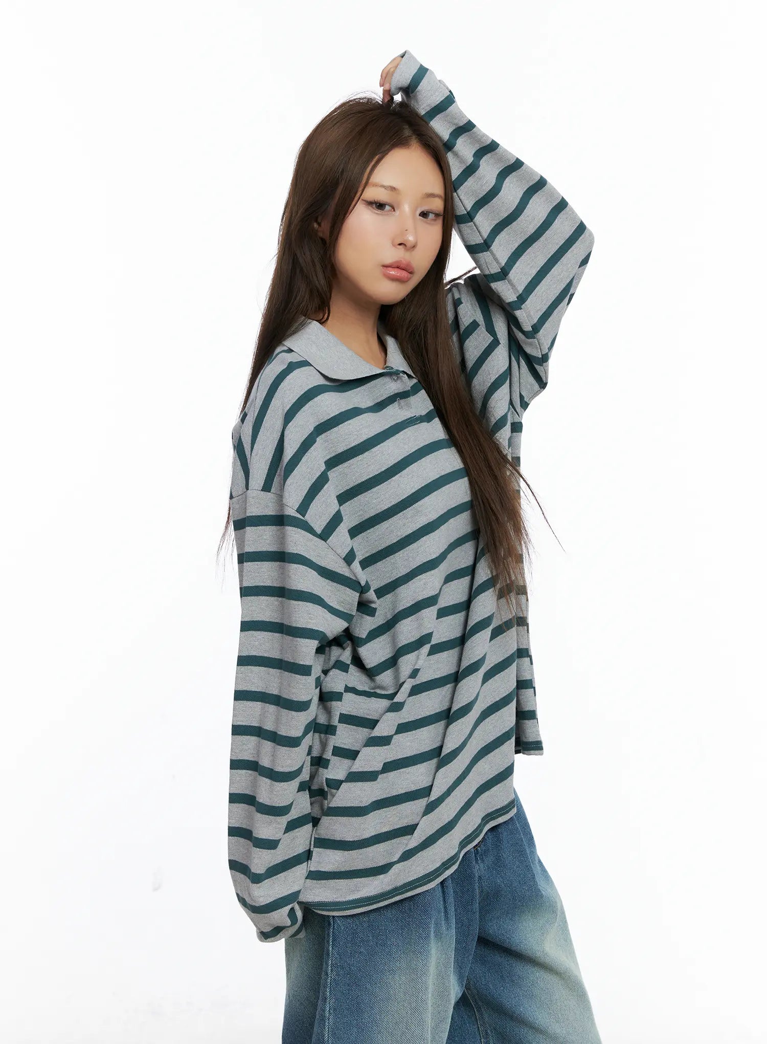 Oversized Striped Collar Long-Sleeve Tee CS504