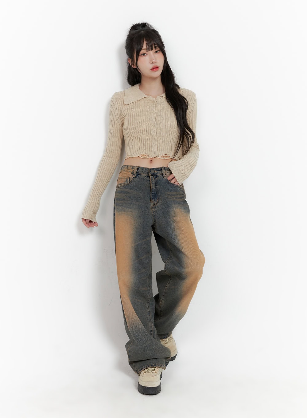 Distressed Hem Collared Crop Cardigan CG421