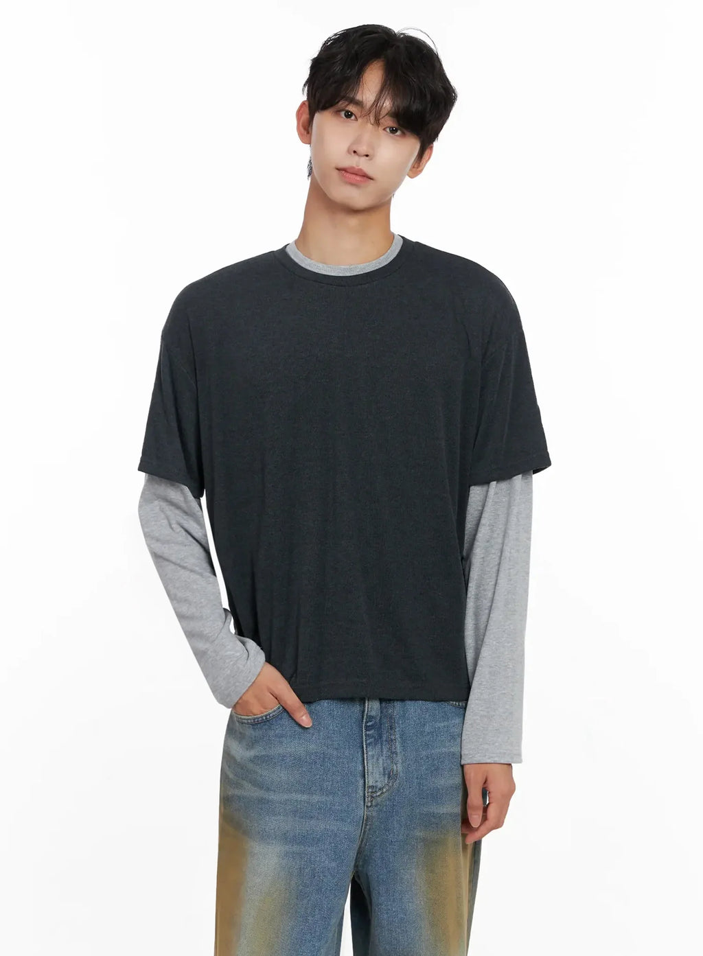 Men's Layered Semi-Crop T-Shirt IO516