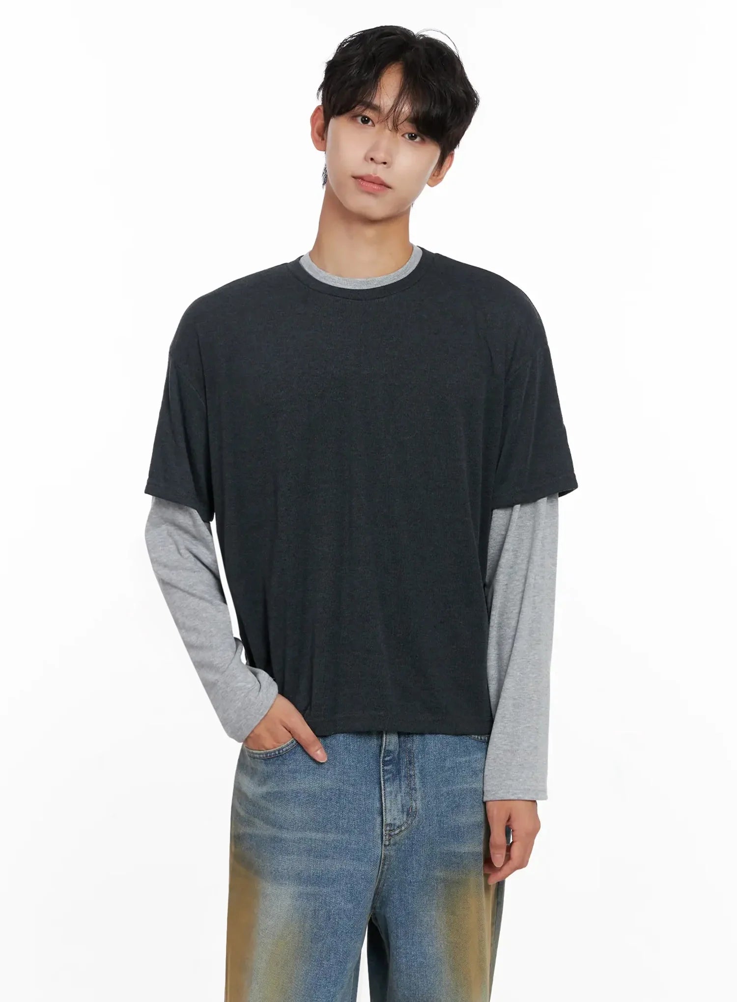 Men's Layered Semi-Crop T-Shirt IO516