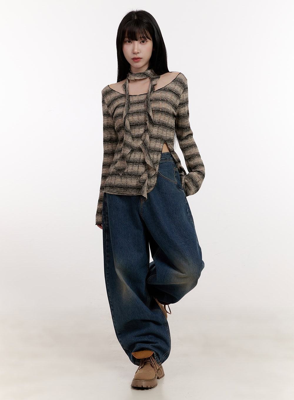 Distressed Striped Sweater with Scarf CJ531