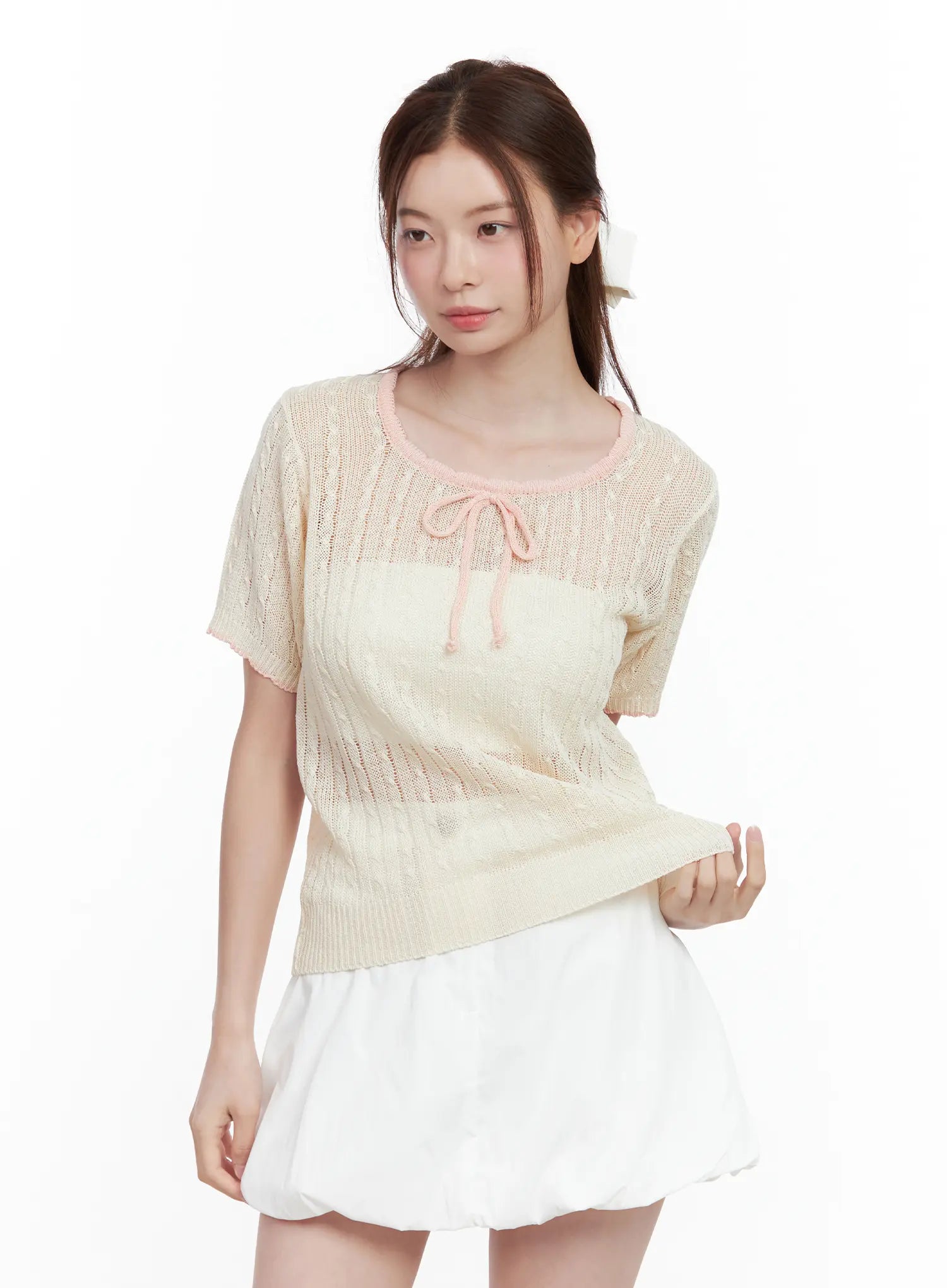 Sheer-Knit Tie Sweater Top CL502