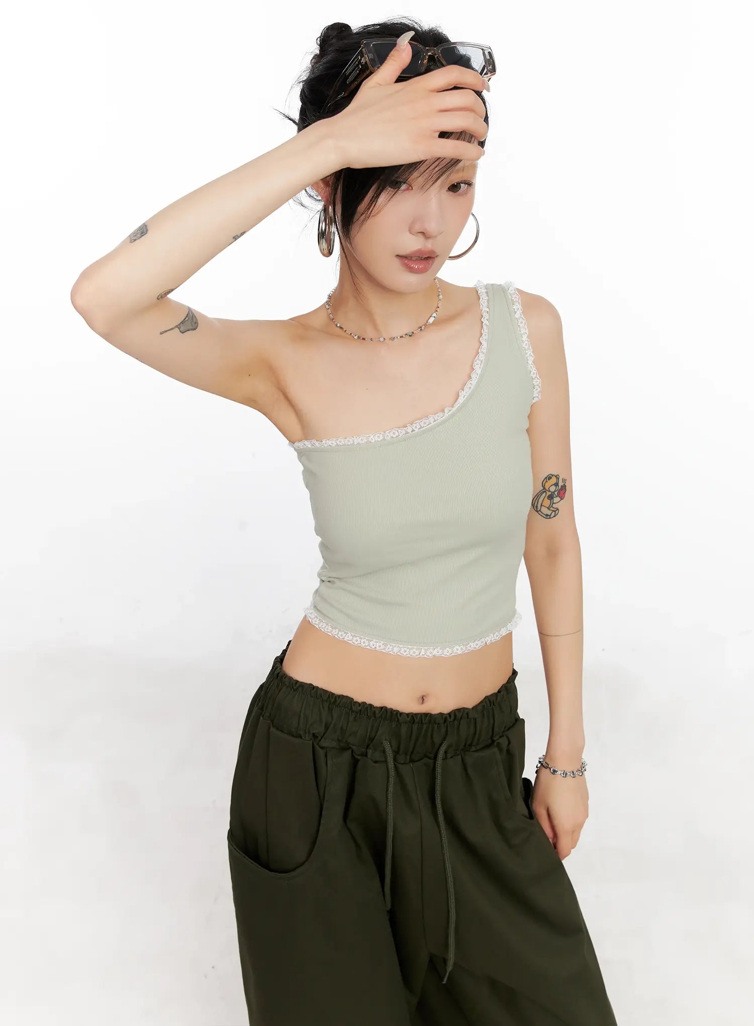 Asymmetric Lace-Trim Ribbed Top CL525