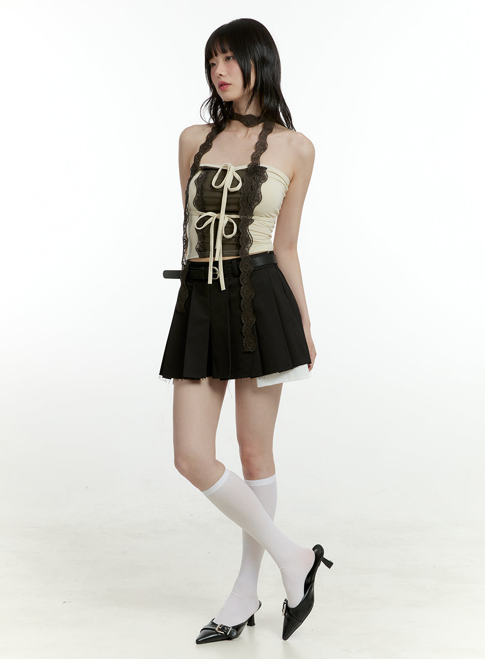 Lace Ribbon Strap Crop Top with Scarf CL426