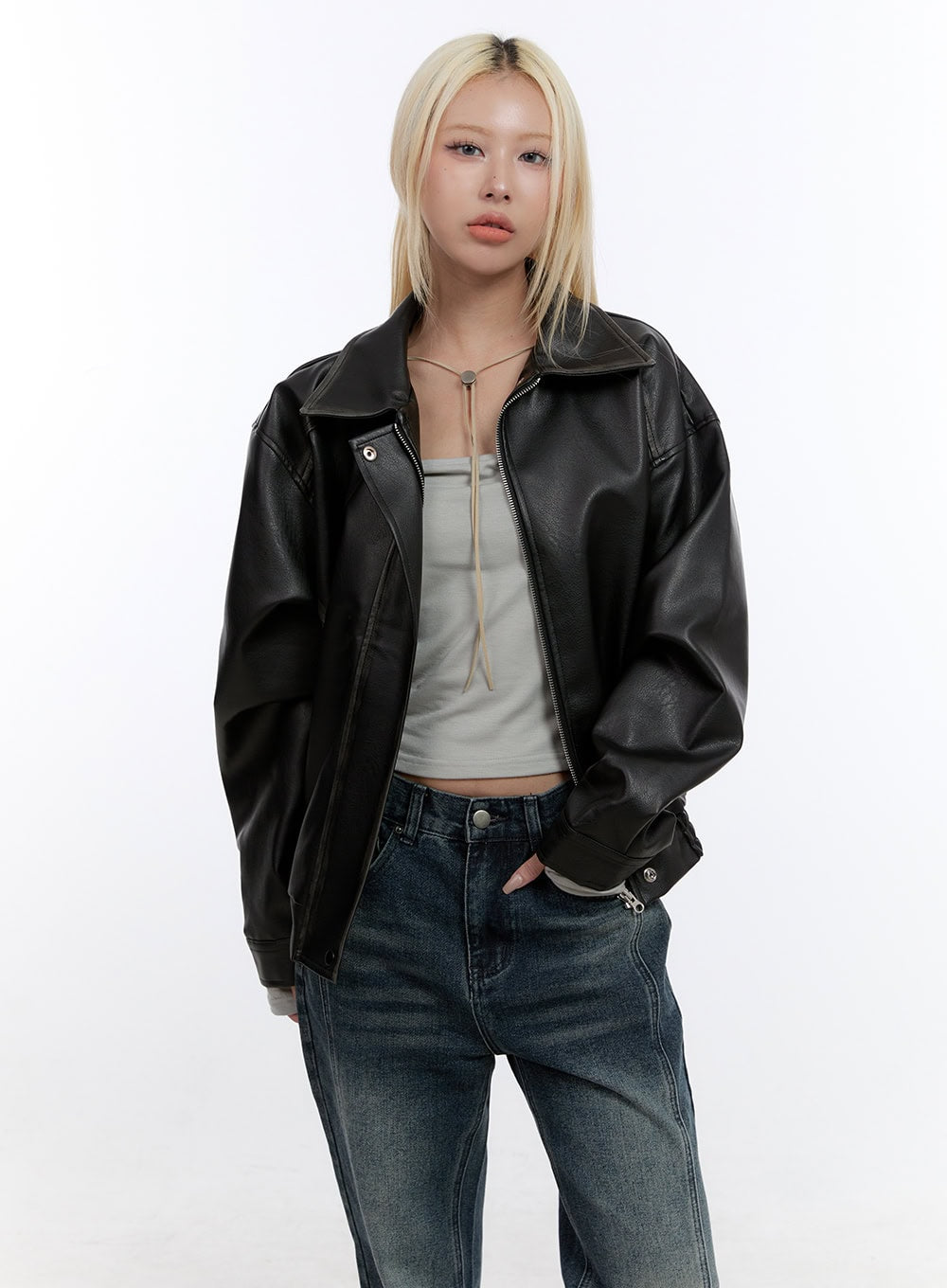 Oversized Faux Leather Collar Jacket CO419
