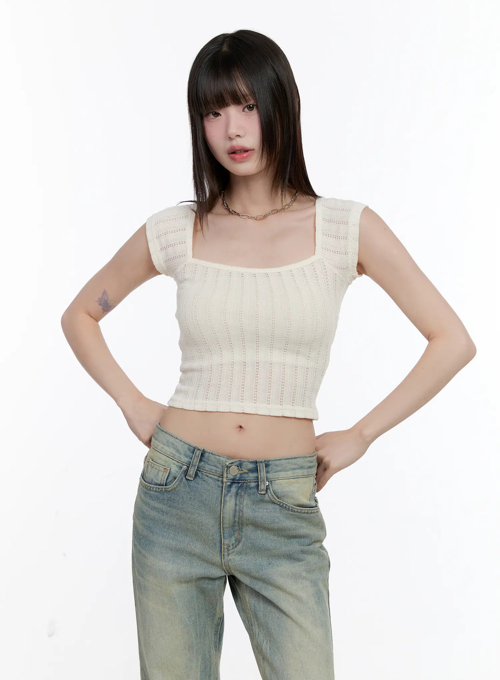 Square-Neck Cap-Sleeve Crop Top CL504
