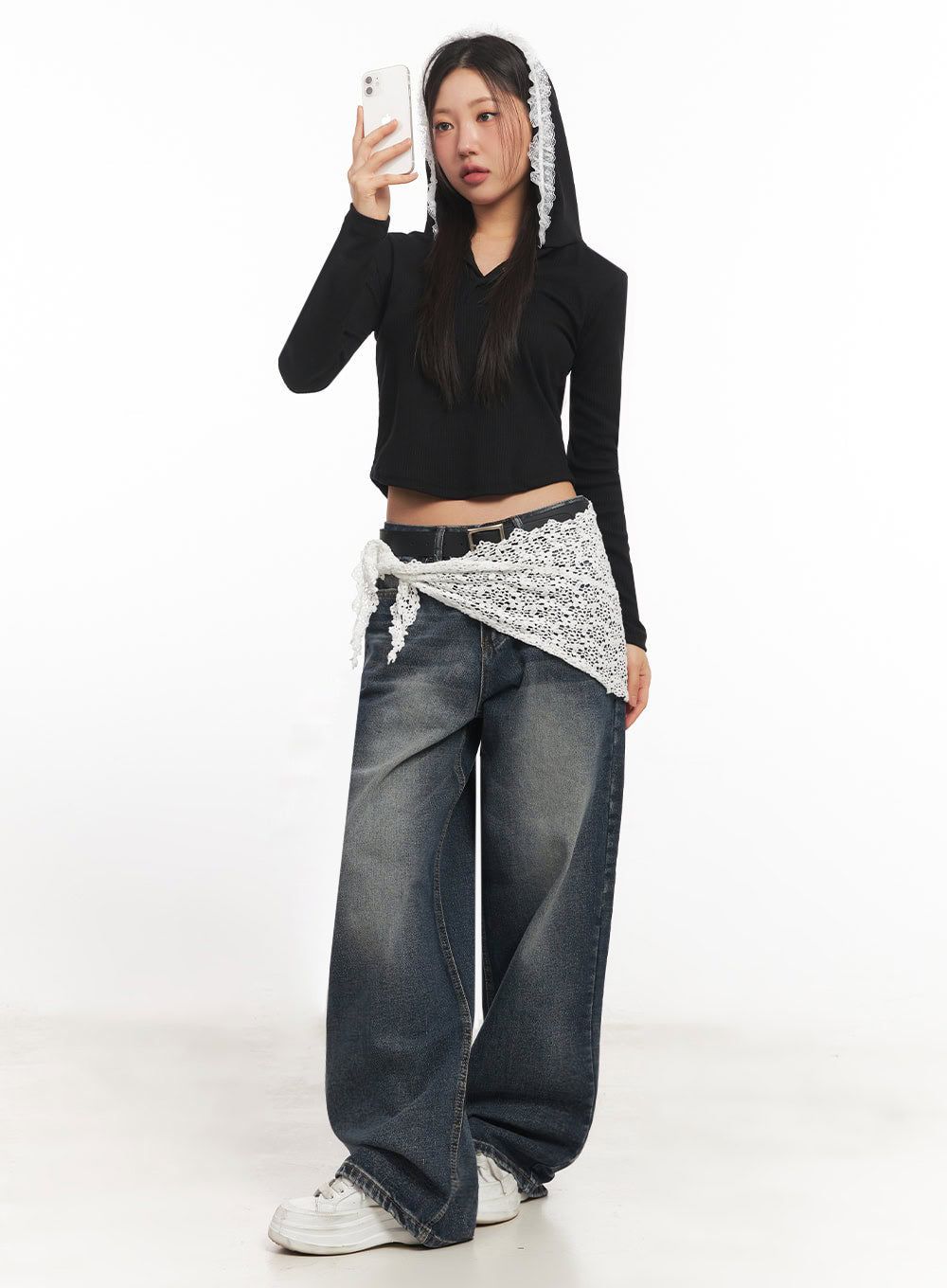 Lace-Trim Crop Hoodie IA524