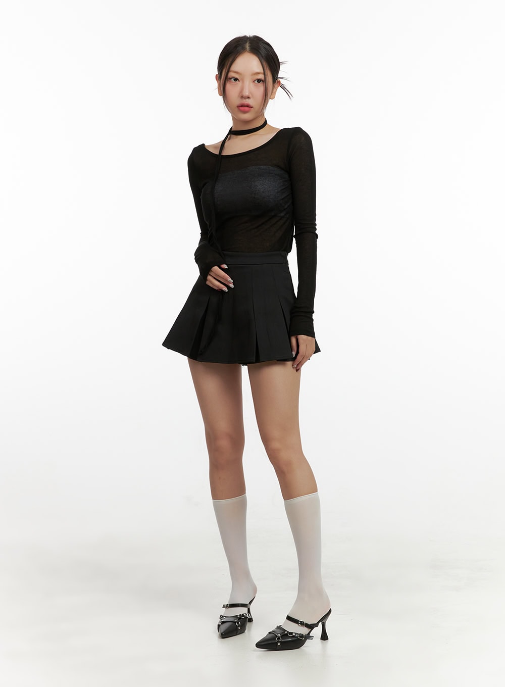 Sheer U-Neck Top with Scarf OU403