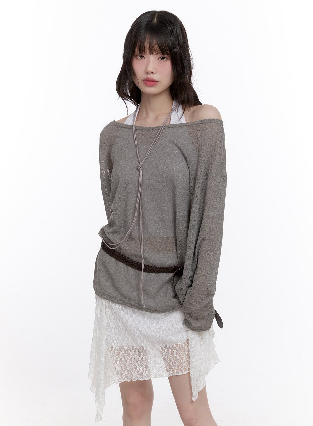 String Sheer Long-Sleeve Mesh Top CF511