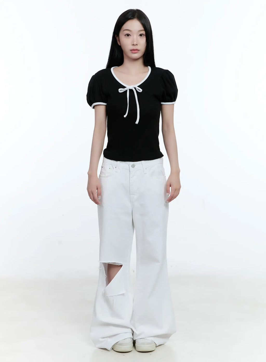 Puff-Sleeve Ribbon-Tie Top CL530