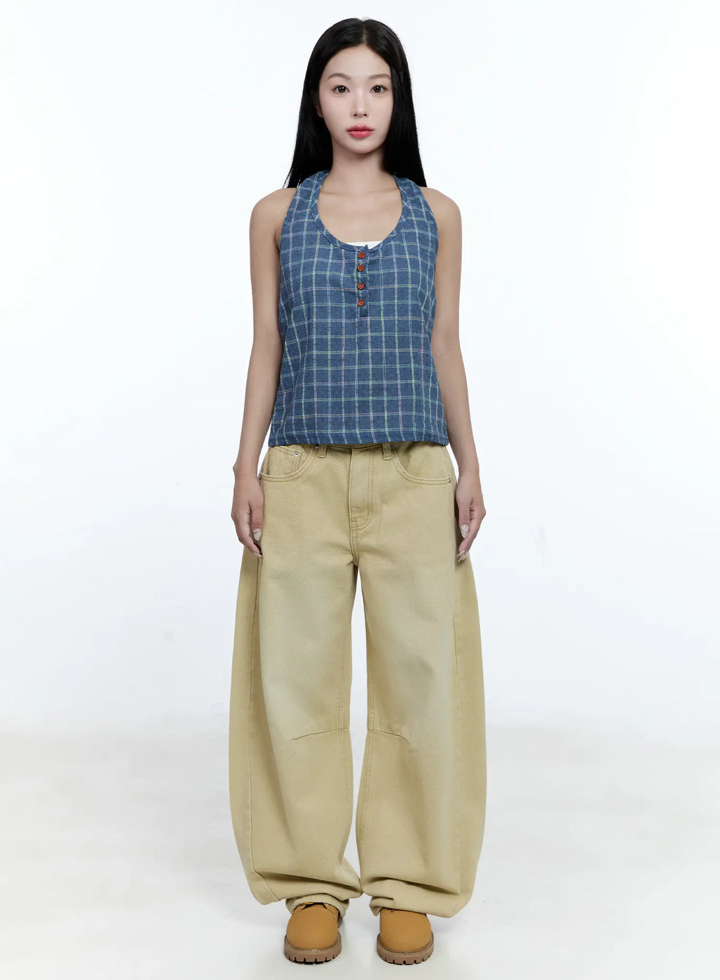 Plaid Button Halter Top CG507