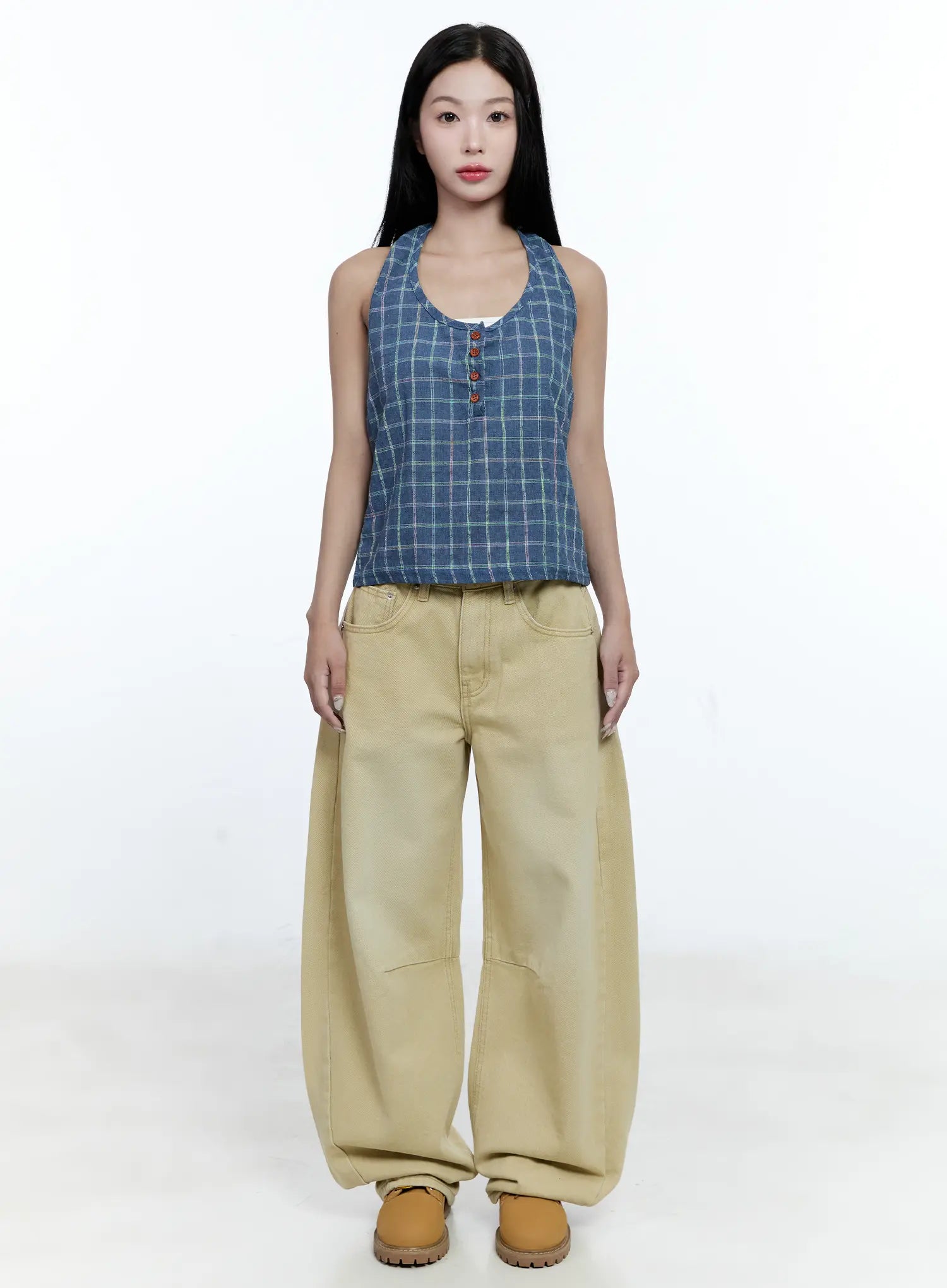 Plaid Button Halter Top CG507