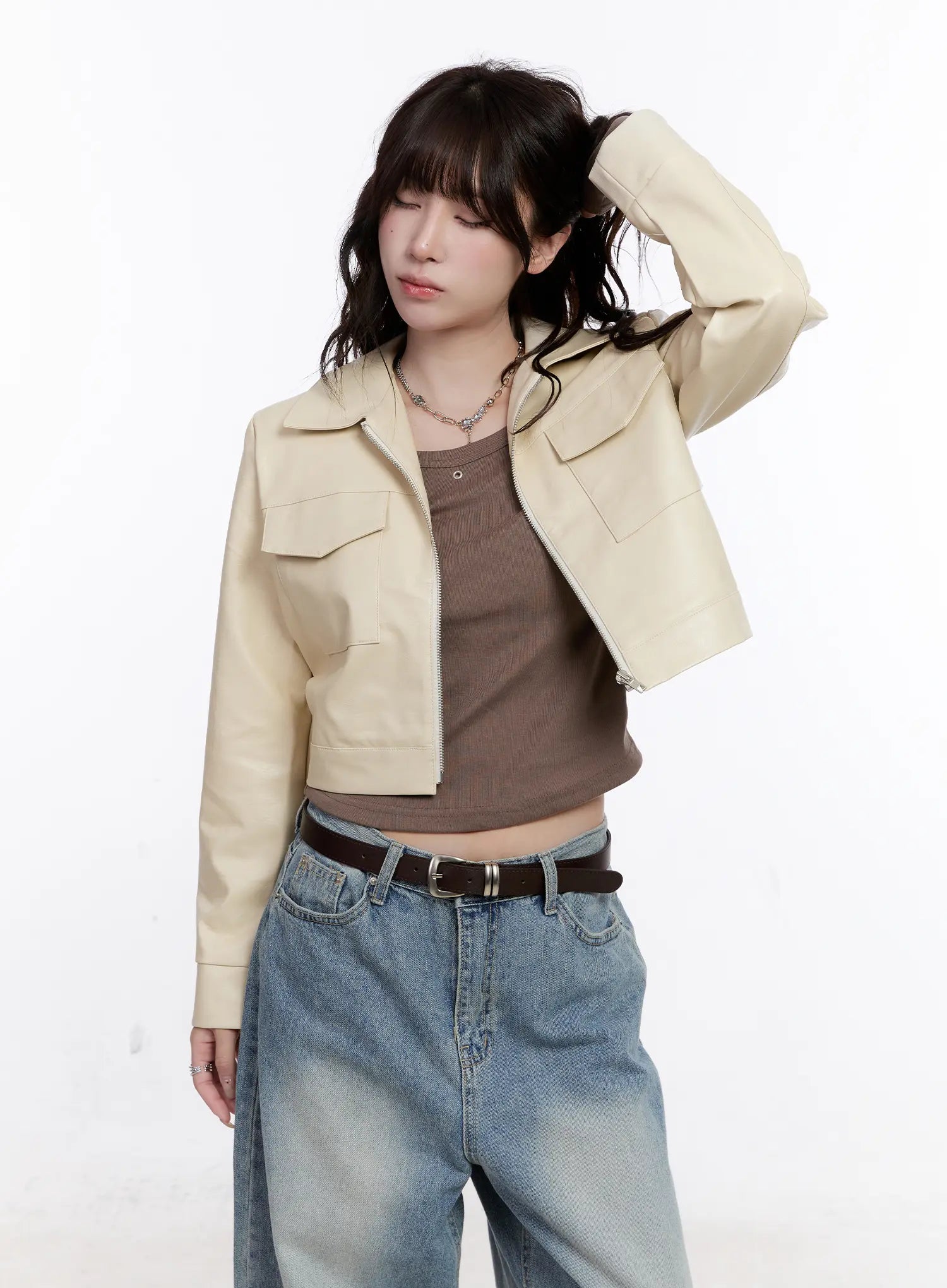 Faux Leather Cropped Zip-Up Jacket CS530