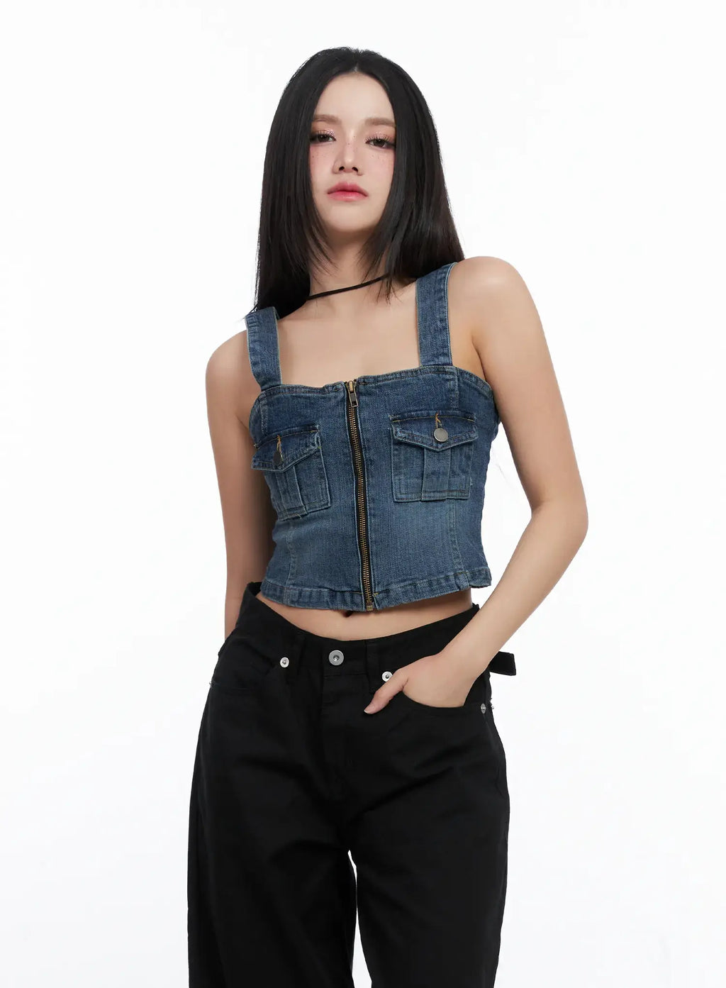 Denim Zip-up Sleeveless Top CS525