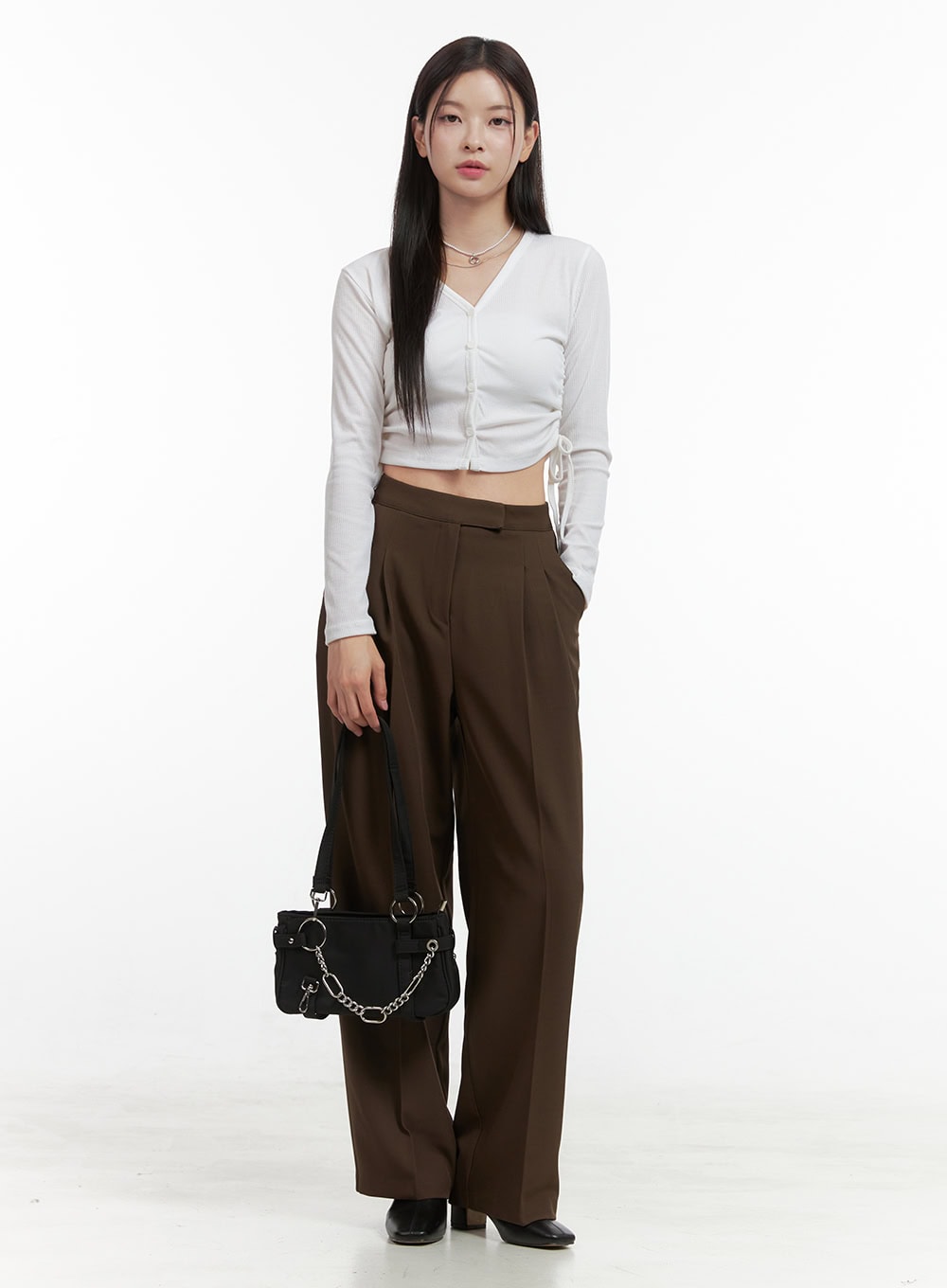 V-Neck Buttoned Shirred Crop Top OO416