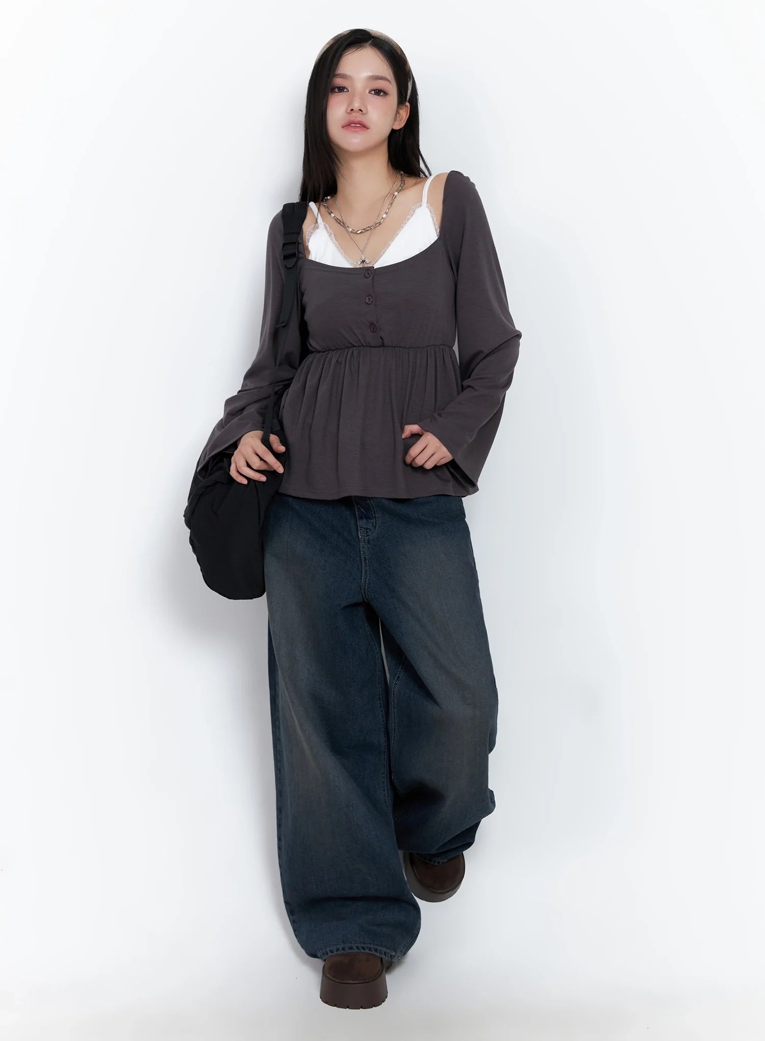 Shirred Flowy Buttoned Long Sleeve IS525