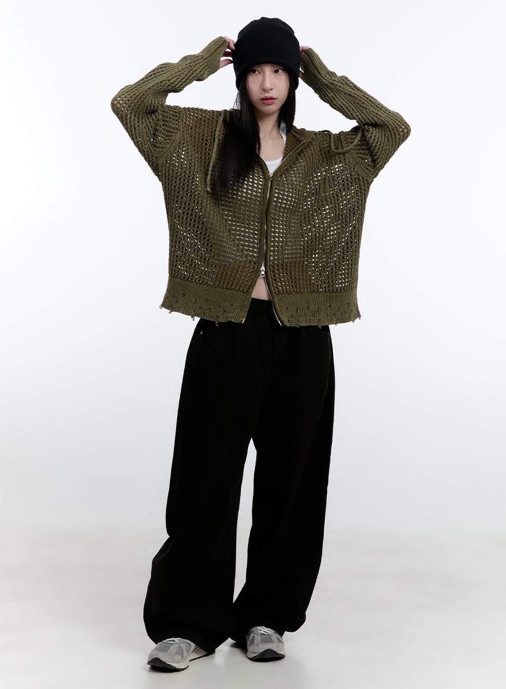 Damaged Mesh Zip-Up Hoodie CJ521