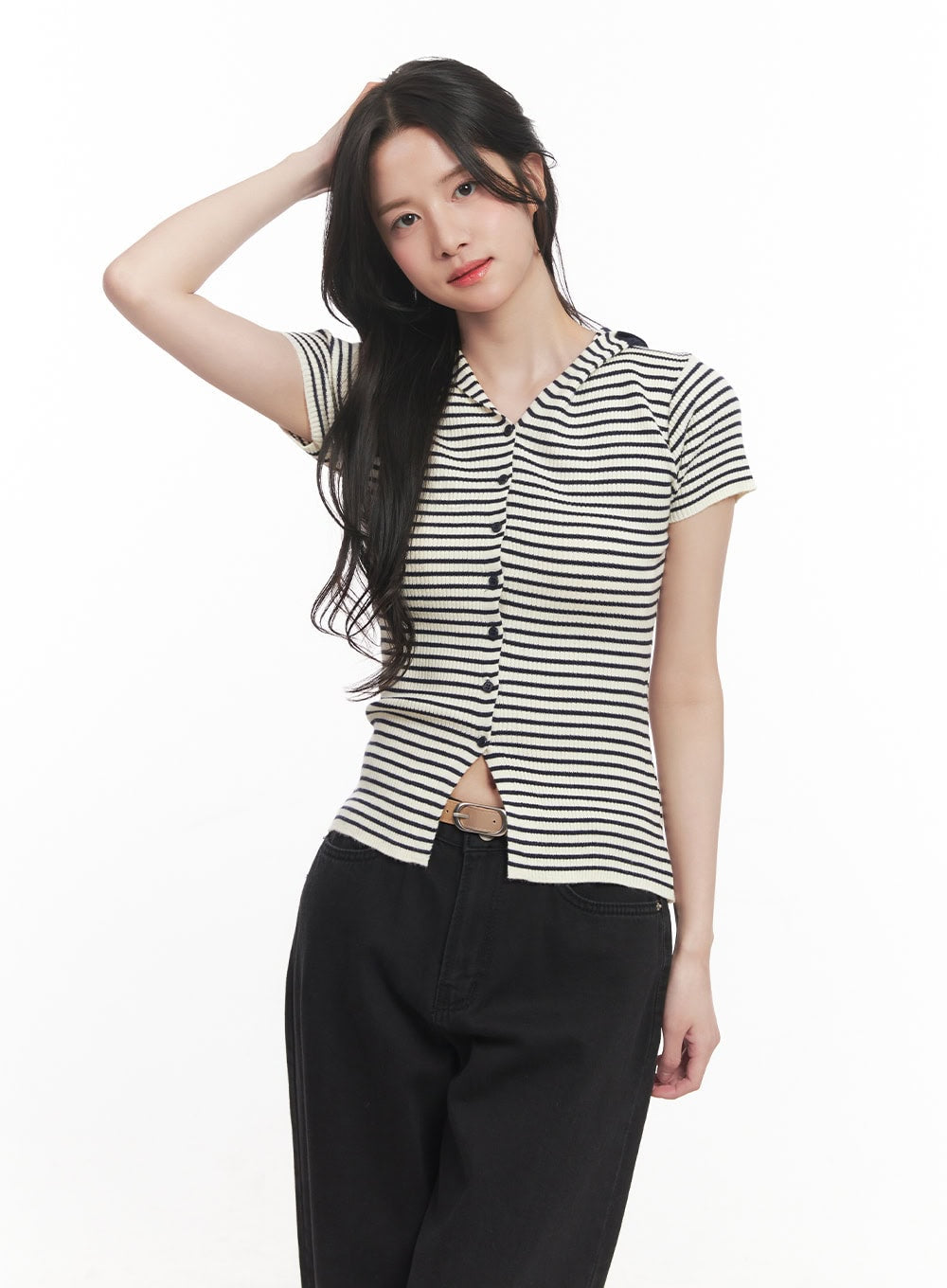 Stripe Buttoned Hooded Top CA511