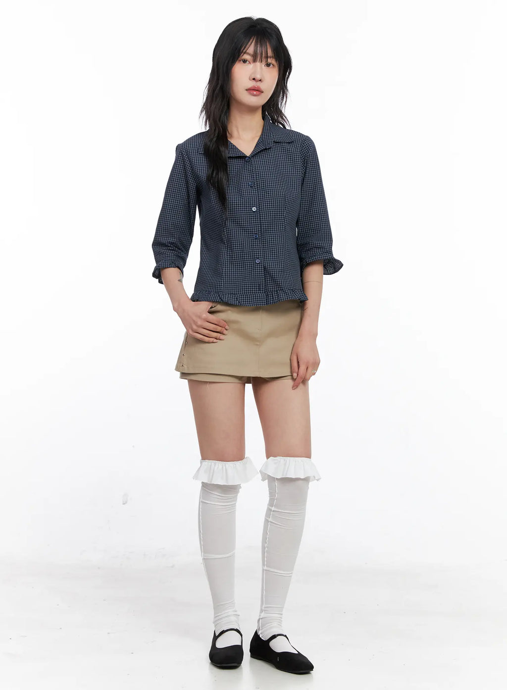 Ruffled Gingham 3/4 Shirt CO507