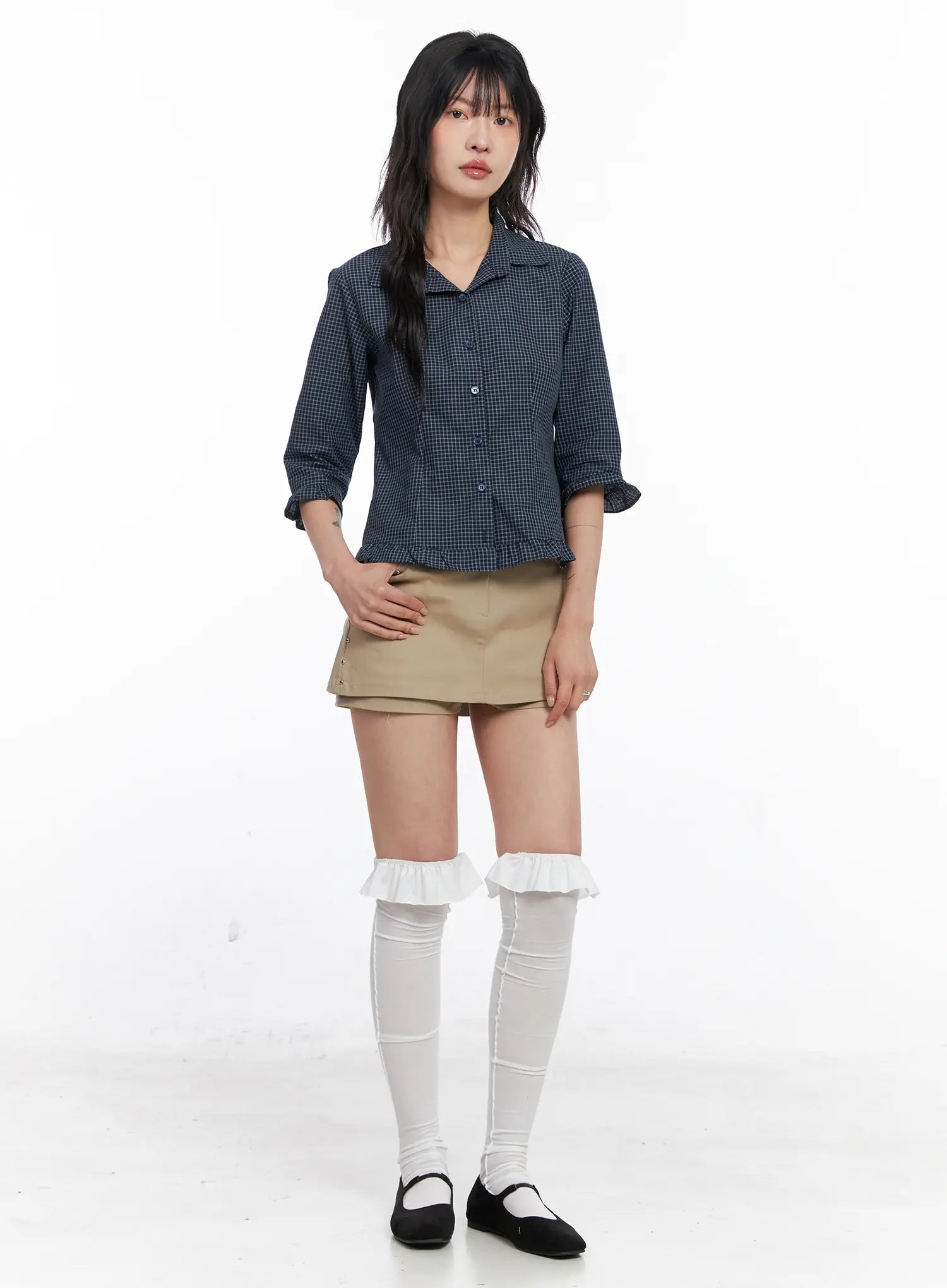 Ruffled Gingham 3/4 Shirt CO507