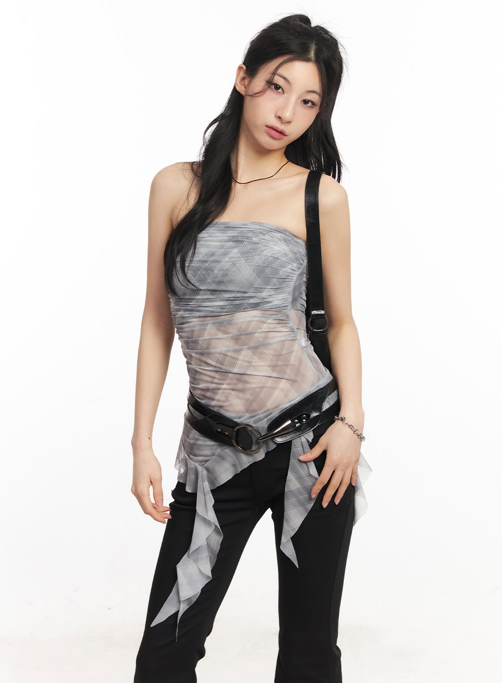 Sheer Plaid Ruffle Tube Top CA514