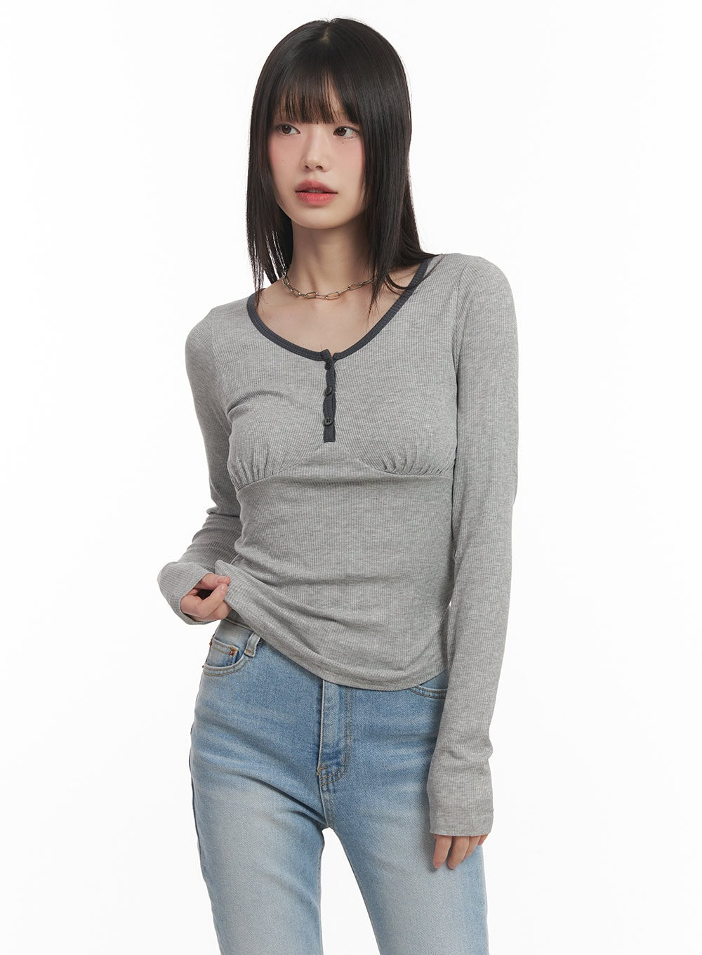Shirred U-Neck Long-Sleeve Top CF519