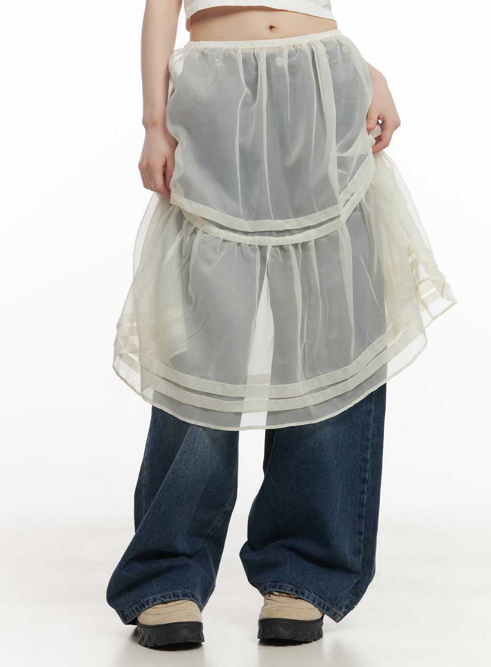 Sheer Tiered Ruffle Midi Skirt CF518