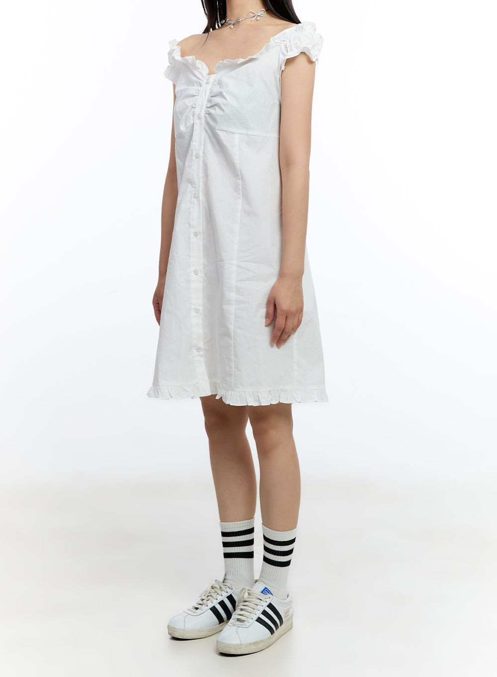 Frill Buttoned Off-Shoulder Midi Dress IU503