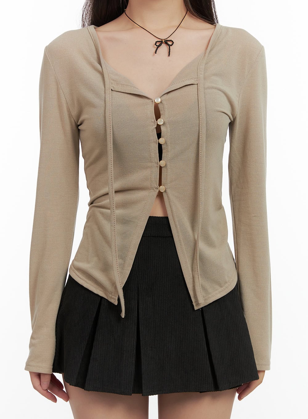 String Detail Long Sleeve Button Top CO417