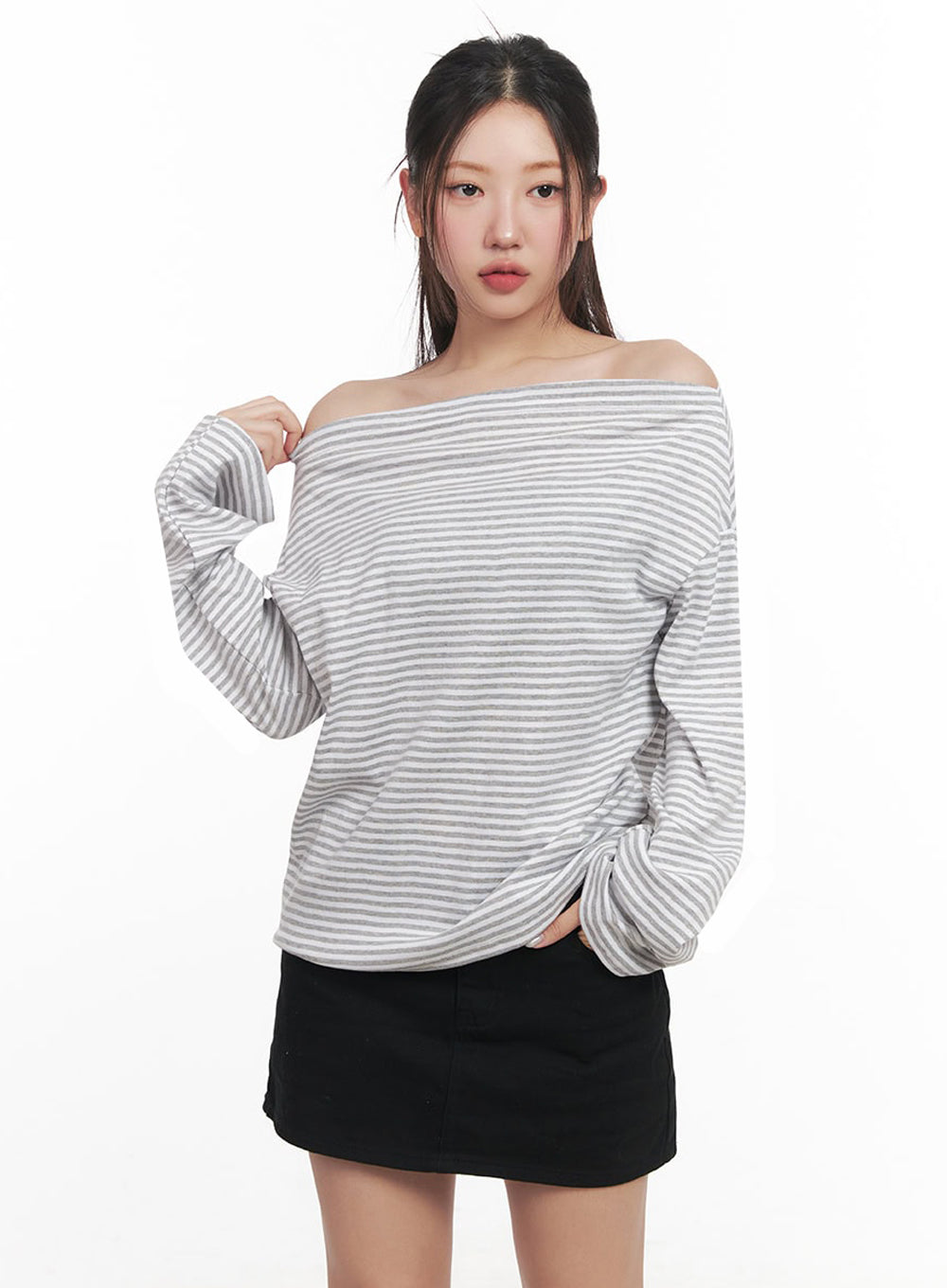Stripe Long-Sleeve Off-Shoulder Top IM524